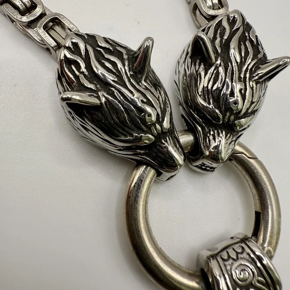 Viking Wolf Heads Mjolnir Thor Hammer Pendant Necklace Silver Tone Chain Mens‎